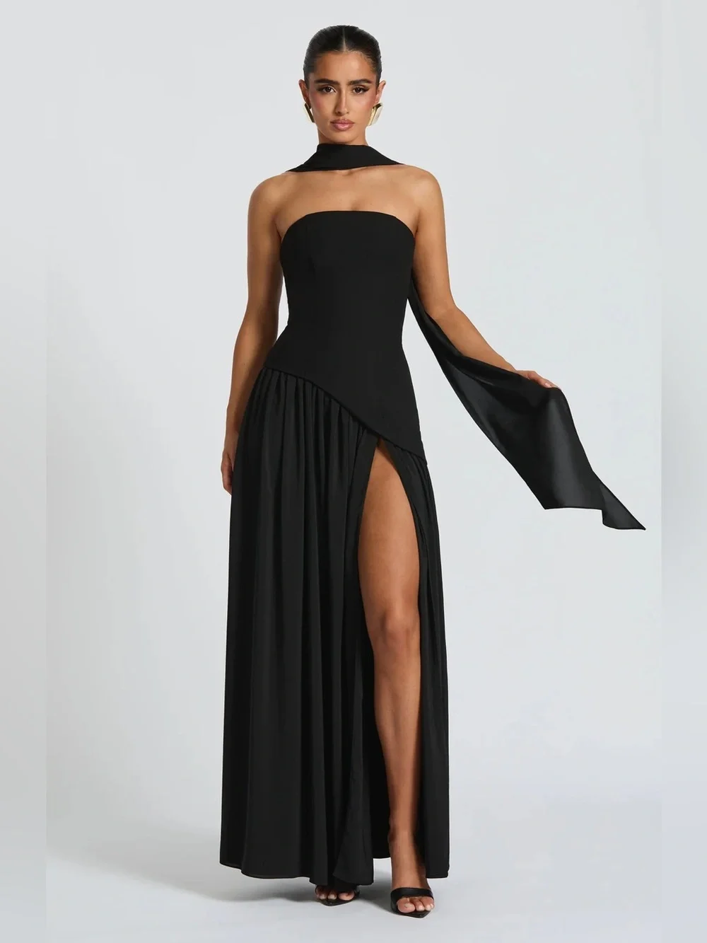 BabyBoo Strapless Black Gown with High Side Slit - Maliyah Dress
